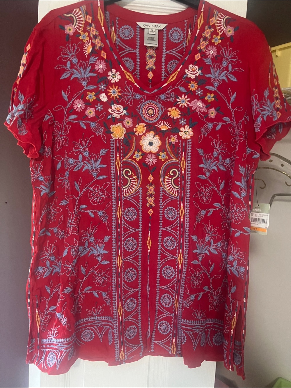 John Mark Red Embroidered V-Neck Tunic with Multicolor Floral Accents